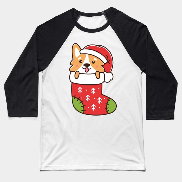 Corgi puppy in christmas sock Baseball T-Shirt by Viaire